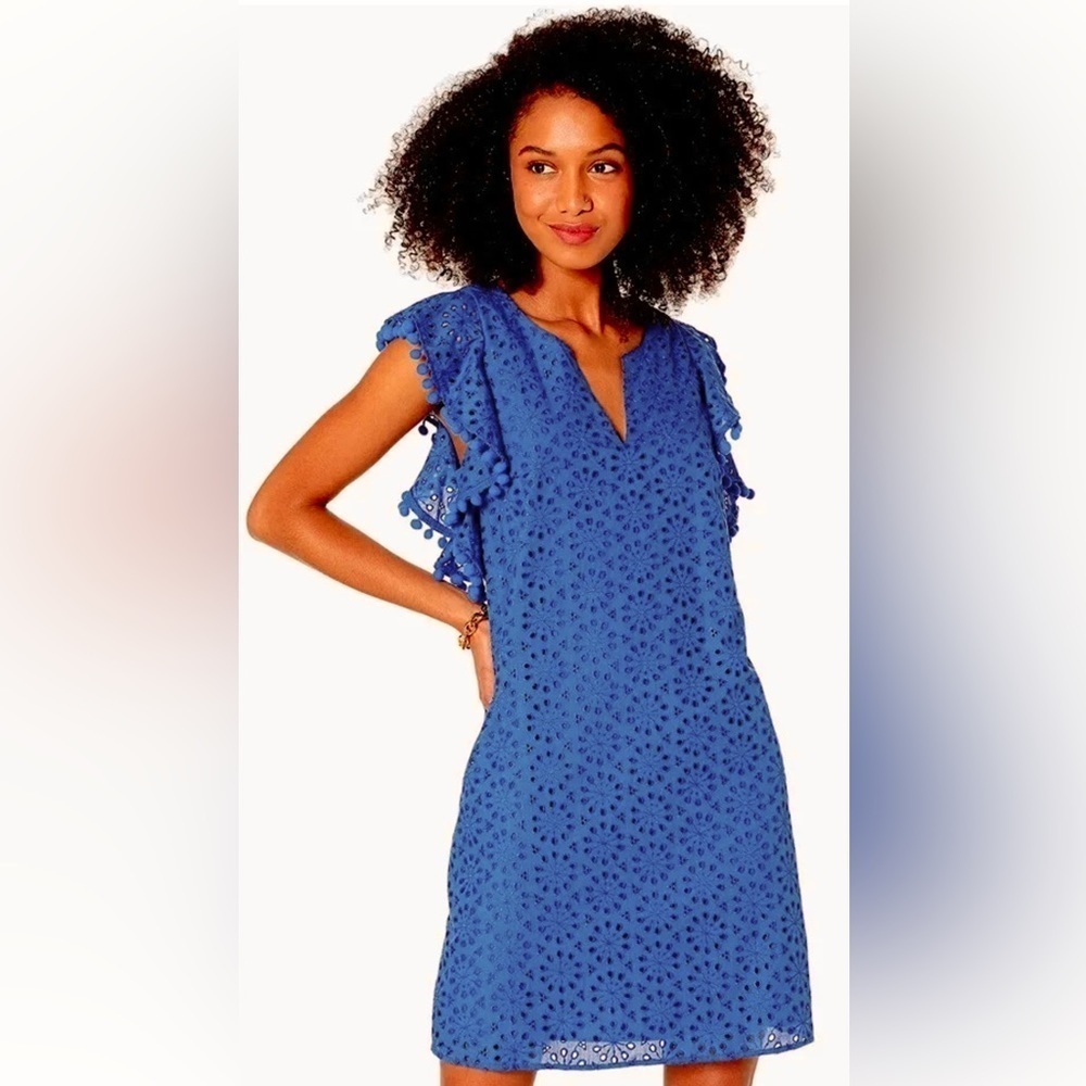 LILLY PULITZER Astara Eyelet Dress Size XS Baha Blue Neon Sunburst Eyele…